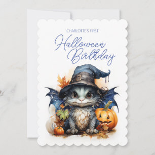 Watercolor Baby Dragon Child's Halloween Birthday Invitation