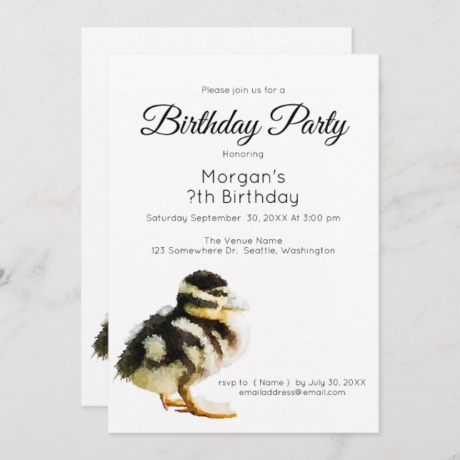 Watercolor Baby Duck Birthday Party Invitation (Front/Back)