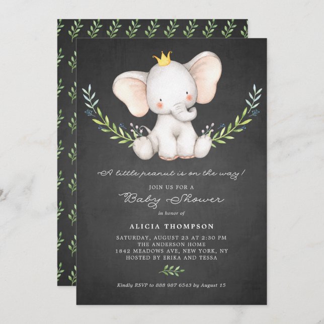Watercolor Baby Elephant Chalkboard Baby Shower Invitation (Front/Back)
