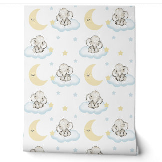 Watercolor Baby Elephant Clouds Stars Sleepy Moon Wallpaper