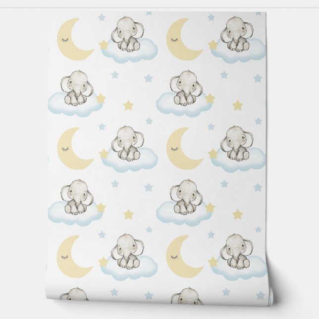 Watercolor Baby Elephant Clouds Stars Sleepy Moon  Wallpaper (Unrolling)