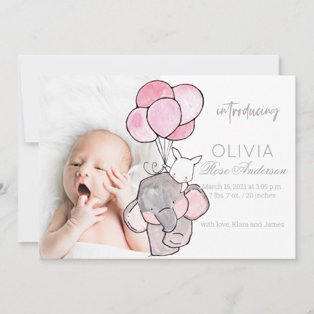 Watercolor Baby Elephant Girl Birth Announcement (Front)
