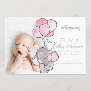 Watercolor Baby Elephant Girl Birth Announcement