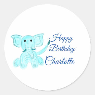 Watercolor baby elephant happy birthday add name classic round sticker