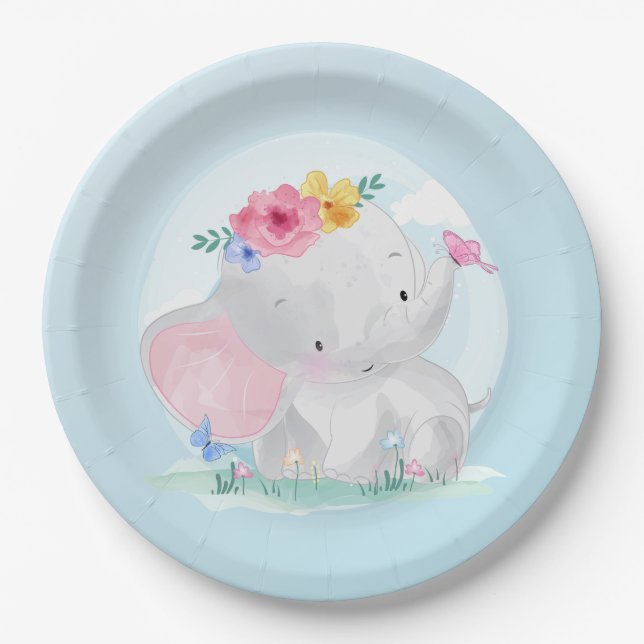Watercolor Baby Elephant Paper Plate (Front)