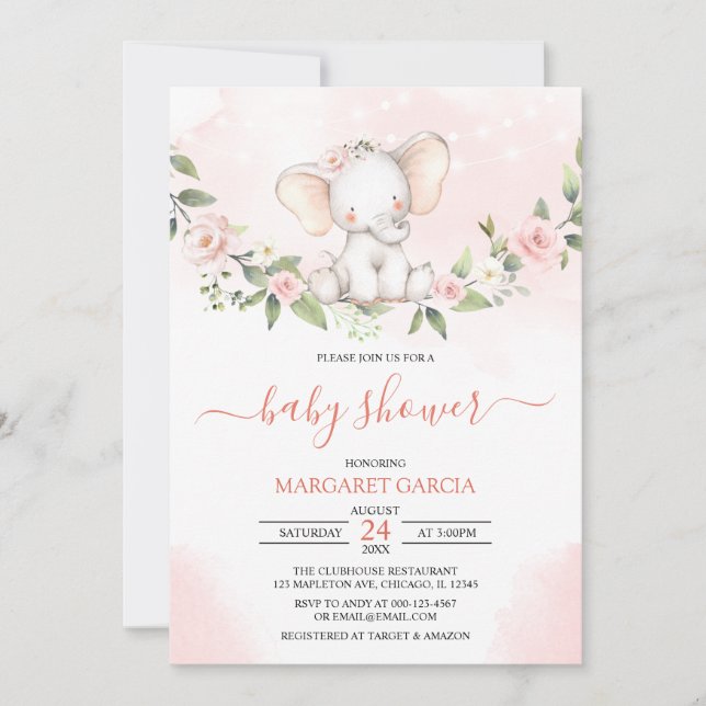 Watercolor Baby Elephant Pink Girl Baby Shower Invitation (Front)