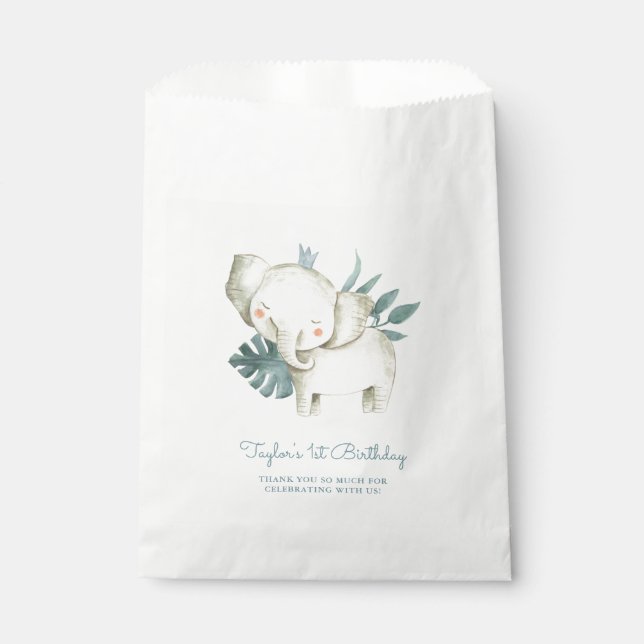 Watercolor Baby Elephant Prince Tropical Birthday Favour Bag (Front)