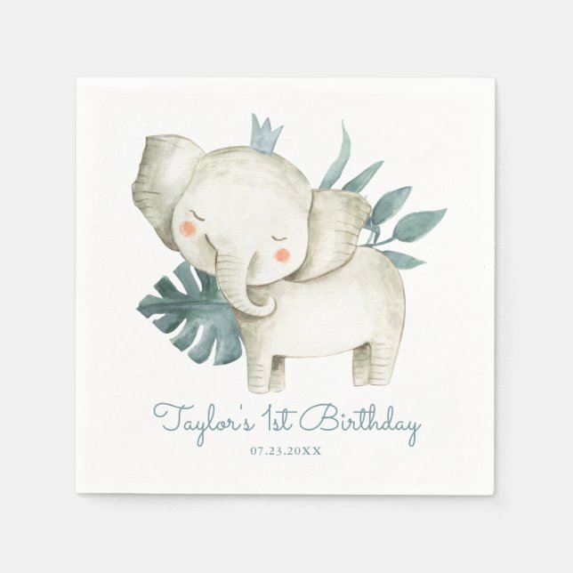 Watercolor Baby Elephant Prince Tropical Birthday Napkin (Front)