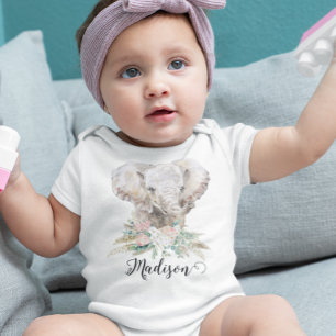 Watercolor Baby Elephant Tropical Boho  Baby Bodysuit