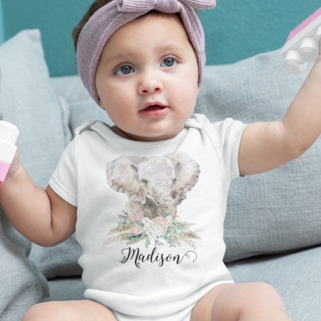 Watercolor Baby Elephant Tropical Boho  Baby Bodysuit (Creator Uploaded)
