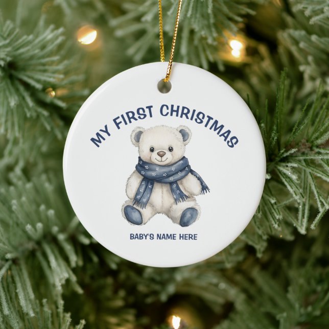 Watercolor Baby First Christmas Photo Ceramic Ornament (Tree)