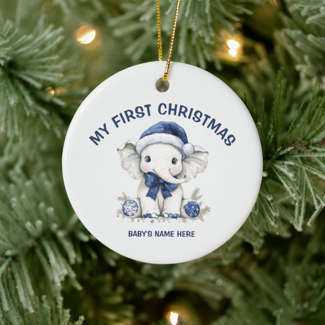 Watercolor Baby First Christmas Photo Ceramic Ornament (Tree)
