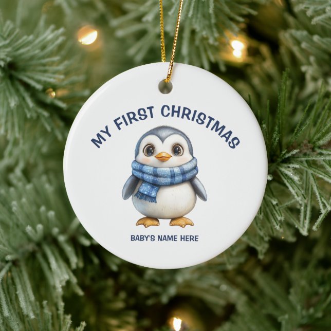 Watercolor Baby First Christmas Photo Ceramic Ornament (Tree)