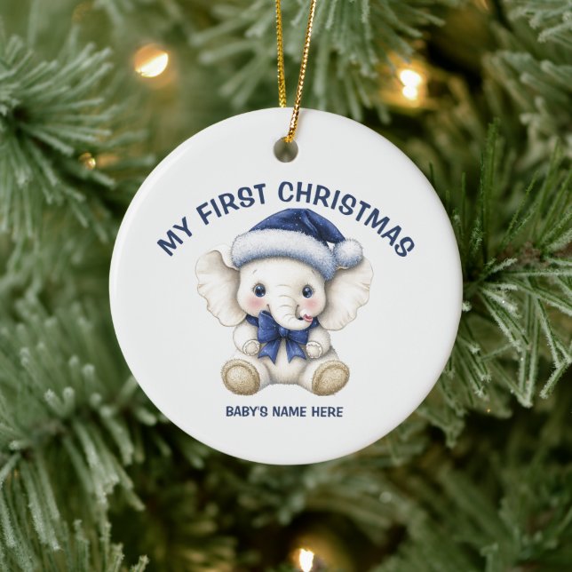 Watercolor Baby First Christmas Photo Ceramic Ornament (Tree)