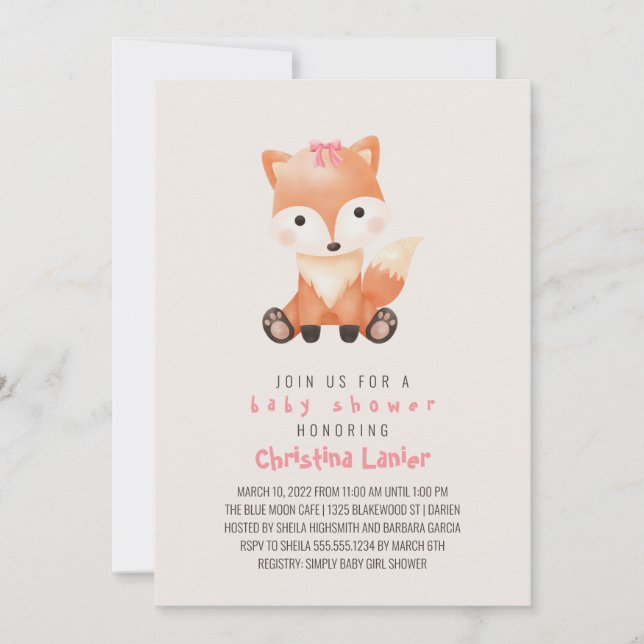 Watercolor Baby Fox Cute Whimsical Baby Girl Invitation (Front)