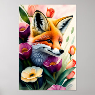 Watercolor baby fox poster print