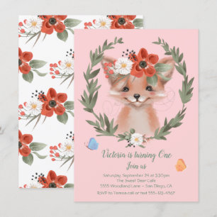 Watercolor Baby Fox wreath Birthday Party Invitation