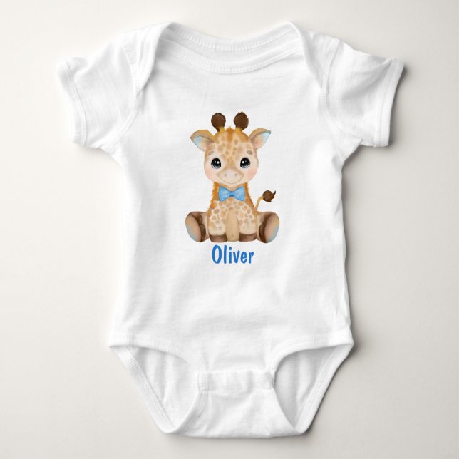 Watercolor Baby Giraffe Blue Boy Baby Bodysuit (Front)