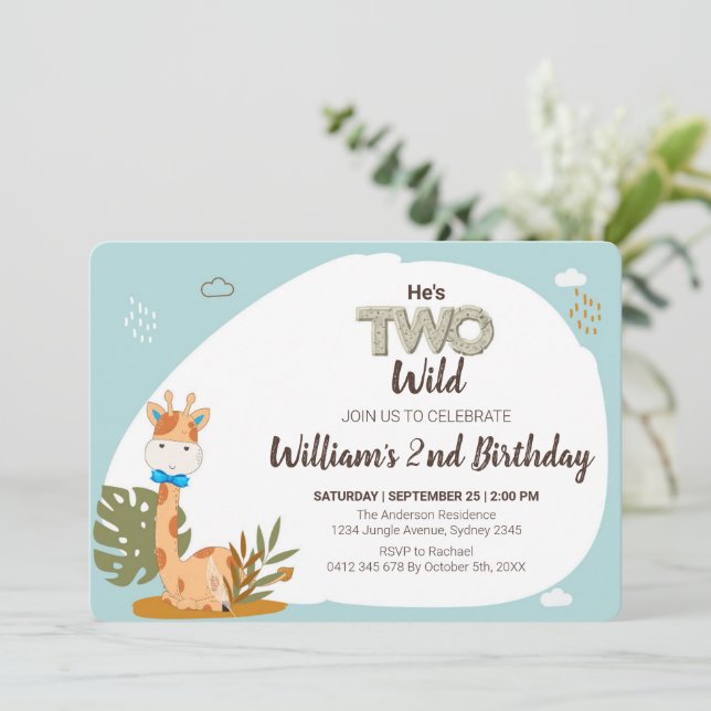 Watercolor Baby Giraffe, Safari Animals Birthday Invitation (Standing Front)