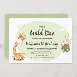 Watercolor Baby Giraffe, Safari Animals Birthday Invitation