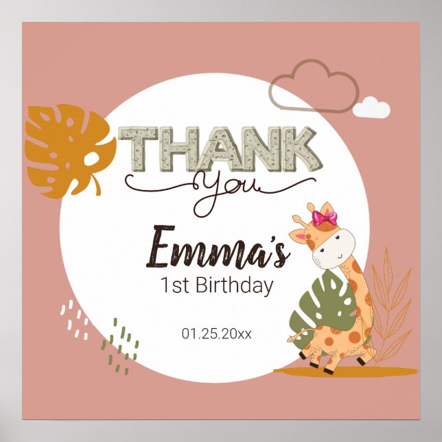 Watercolor Baby Giraffe, Safari Animals Birthday Poster (Front)