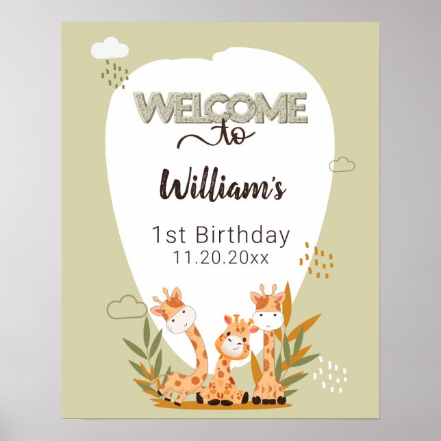 Watercolor Baby Giraffe, Safari Animals Birthday Poster (Front)