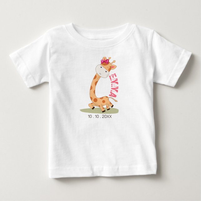 Watercolor Baby Giraffe, Safari Animals Birthday T-Shirt (Front)