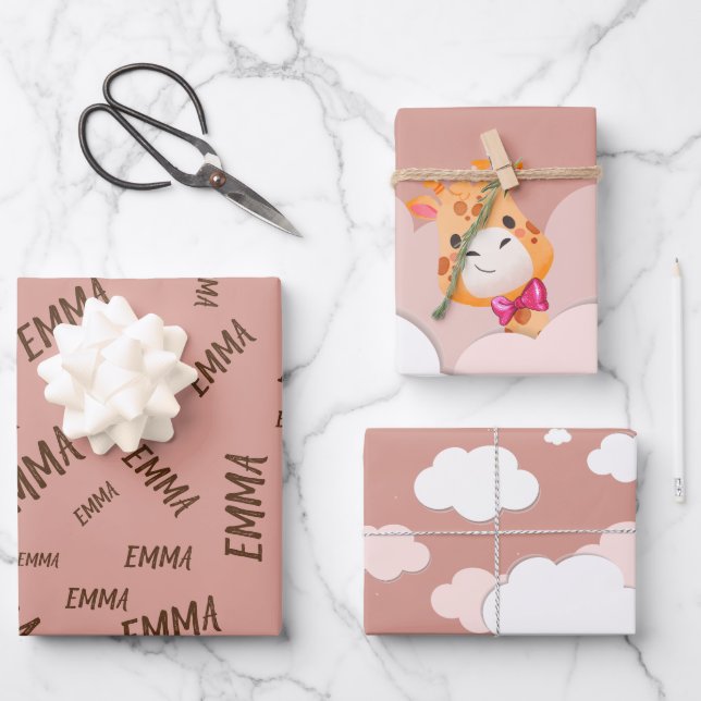 Watercolor Baby Giraffe, Safari Animals Birthday Wrapping Paper Sheet (Front)