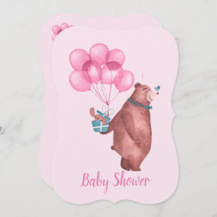 Watercolor Baby Girl Bear Balloons Invitation
