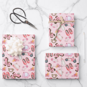 Watercolor Baby Girl Pattern Toys Clothes Shower Wrapping Paper Sheet