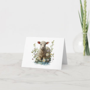 Watercolor Baby Lamb with Flowers BLANK  Card