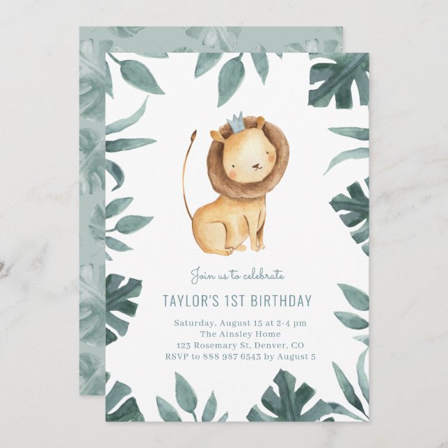 Watercolor Baby Lion Prince Greenery Birthday Invitation (Front/Back)