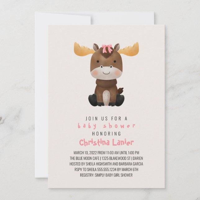 Watercolor Baby Moose Cute Whimsical Baby Girl Invitation (Front)