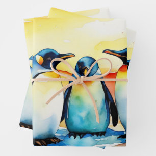 Watercolor Baby Penguin Playing in Snow Wrapping Paper Sheet