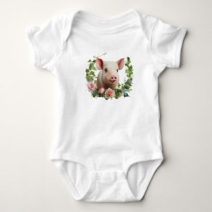 Watercolor Baby Pig (Piglet) Flower Wreath Bodysuit