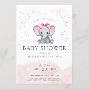 Watercolor Baby Pink Elephant Baby Shower Invitation