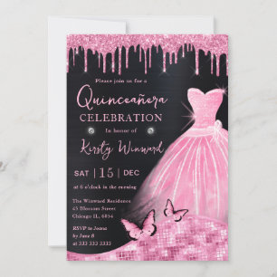 Watercolor Baby Pink Glitter Dress Quinceanera Invitation