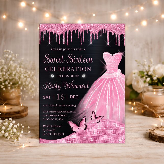 Watercolor Baby Pink Glitter Dress Sweet Sixteen Invitation (Creator Uploaded)