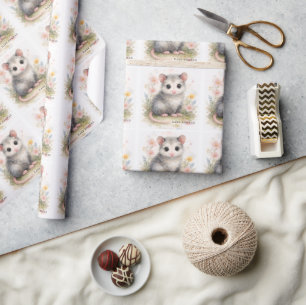 Watercolor Baby Possum Baby Shower  Wrapping Paper