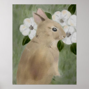 Watercolor Baby Rabbit and Flowers Poster Print