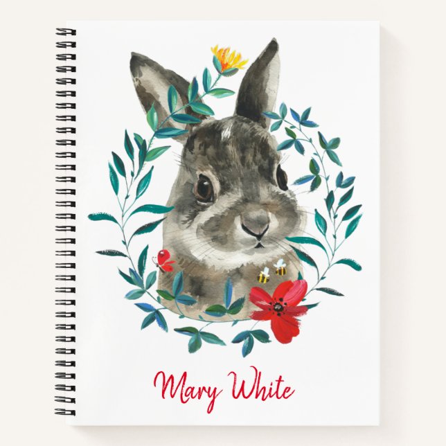 Watercolor Baby Rabbit Floral Wreath Personalised Notebook (Front)
