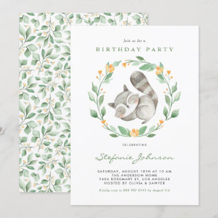 Watercolor Baby Racoon Wreath Kids Birthday Invitation
