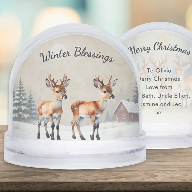 Watercolor Baby Reindeer Personalized Christmas Snowglobe (A Christmas snow globe with picture of baby reindeer, and customizable text on the back)