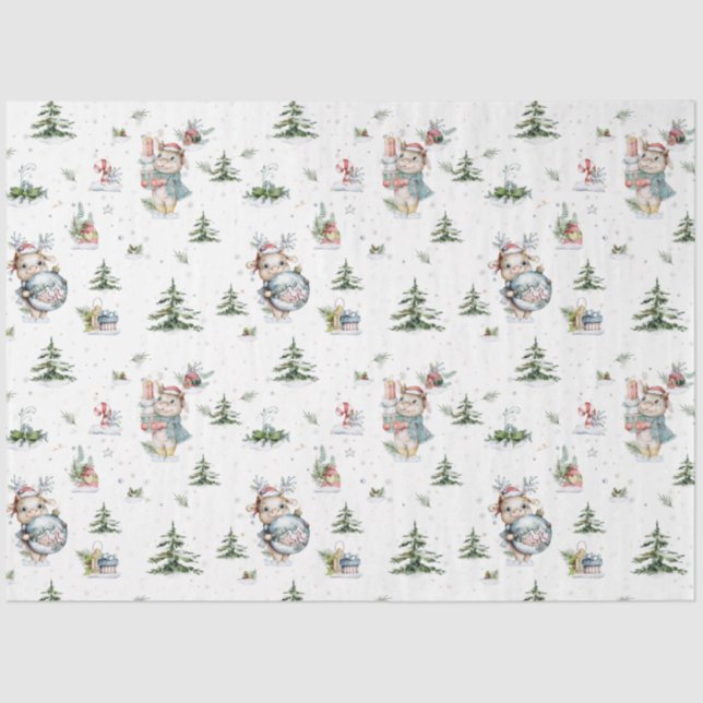 Watercolor Baby Reindeer Snow Globe Pine Trees Tissue Paper (Front)