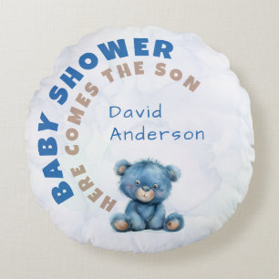 Watercolor baby shower boy blue teddy bear round cushion