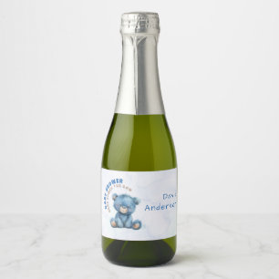 Watercolor baby shower boy blue teddy bear sparkling wine label