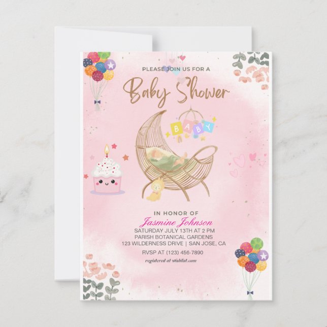 Watercolor Baby Shower Invitation: Cradle & Balloo Invitation (Front)