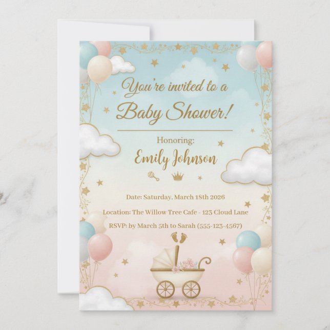 Watercolor Baby Shower Invitation with Balloons (Front)