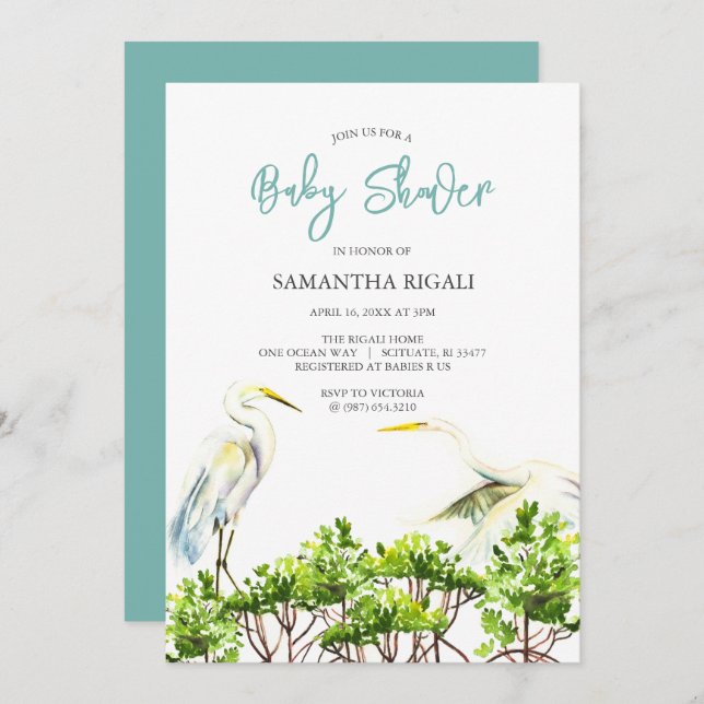 watercolor Baby Shower White Heron Mangroves Invitation (Front/Back)