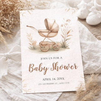 Watercolor Baby Shower with Vintage Stroller Invitation